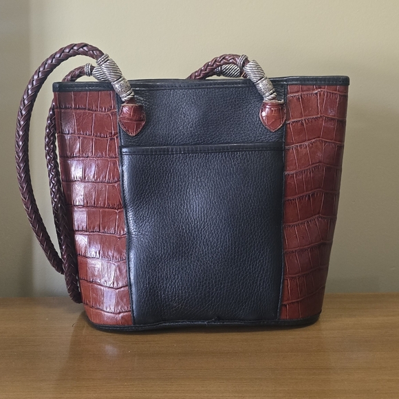 Vintage Brighton Delores Shoulder Bag Crocodile Embossed Leather Black Brown - Picture 1 of 7